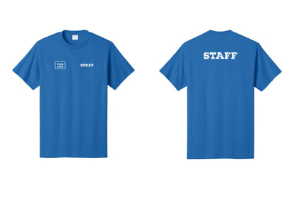 NYC Factory Custom Logo Staff T-Shirt, Rustic Lettering - STAFF + Your Logo + Back - Royal