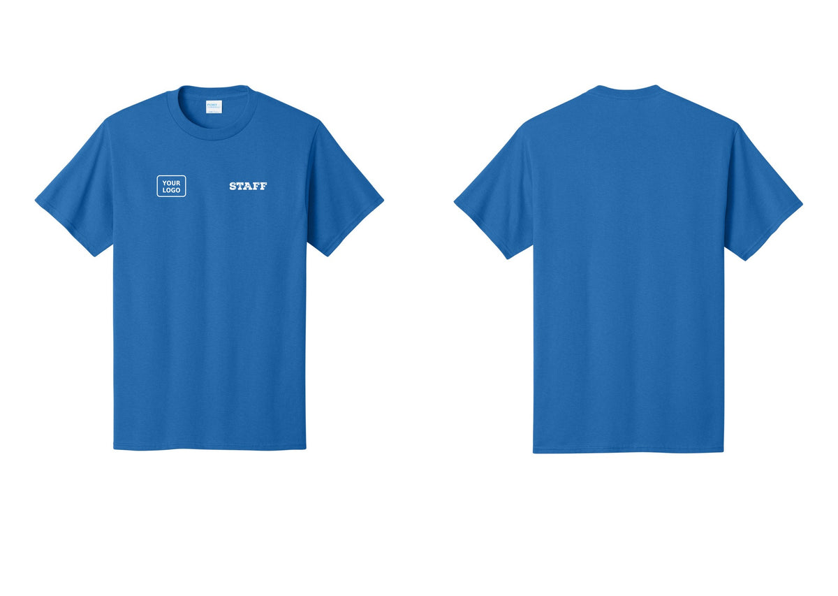 NYC Factory Custom Logo Staff T-Shirt, Rustic Lettering - STAFF + Your Logo - Royal
