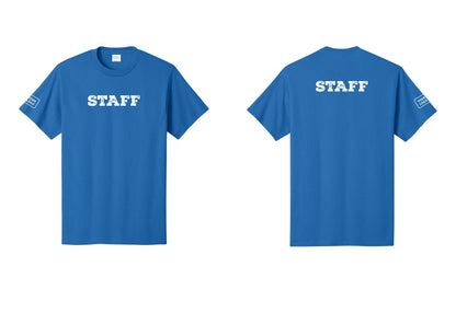 NYC Factory Custom Logo Staff T-Shirt, Rustic Lettering - Front + Back + Your Logo Sleeve - Royal