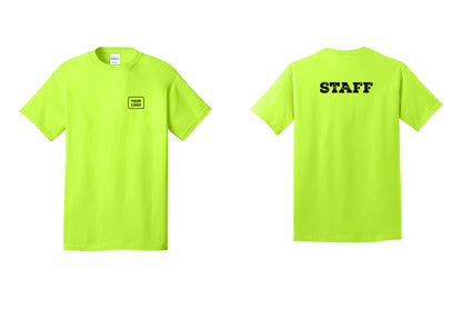 NYC Factory Custom Logo Staff T-Shirt, Rustic Lettering - Your Logo + Back - Safety Green