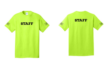 NYC Factory Custom Logo Staff T-Shirt, Rustic Lettering - Front + Back + Your Logo Sleeves - Safety Green