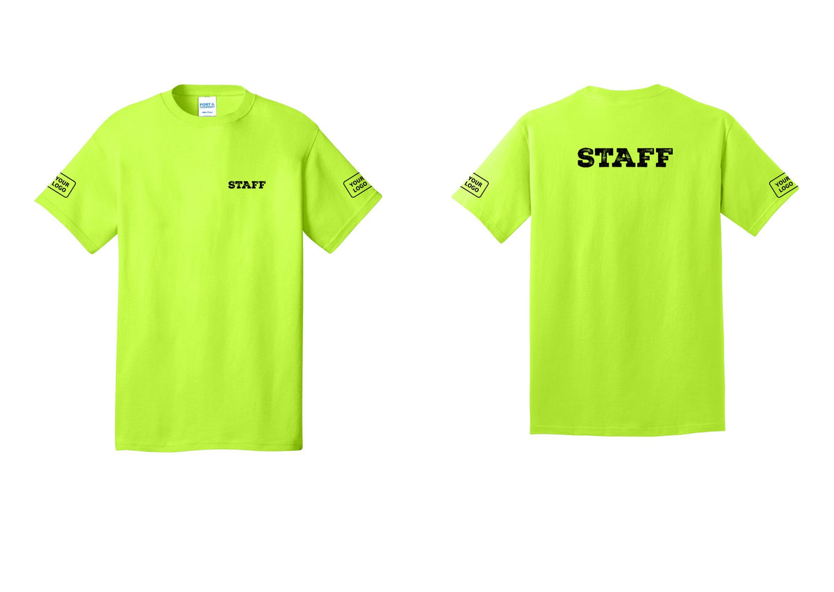 NYC Factory Custom Logo Staff T-Shirt, Rustic Lettering - Chest + Back + Your Logo Sleeves - Safety Green