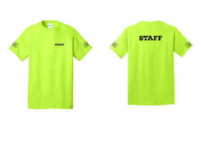 NYC Factory Custom Logo Staff T-Shirt, Rustic Lettering - Chest + Back + Your Logo Sleeves - Safety Green