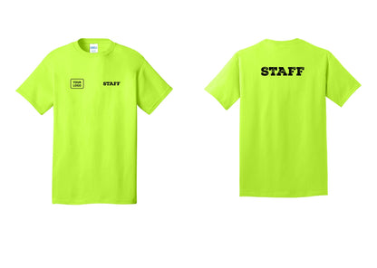 NYC Factory Custom Logo Staff T-Shirt, Rustic Lettering - STAFF + Your Logo + Back - Safety Green