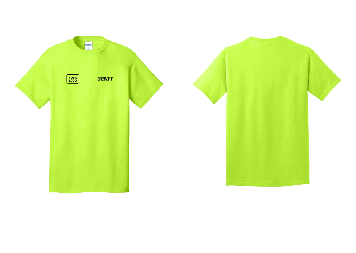 NYC Factory Custom Logo Staff T-Shirt, Rustic Lettering - STAFF + Your Logo - Safety Green