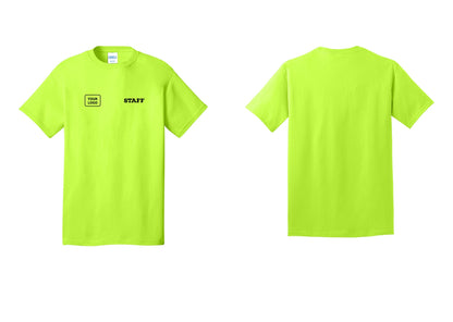 NYC Factory Custom Logo Staff T-Shirt, Rustic Lettering - STAFF + Your Logo - Safety Green