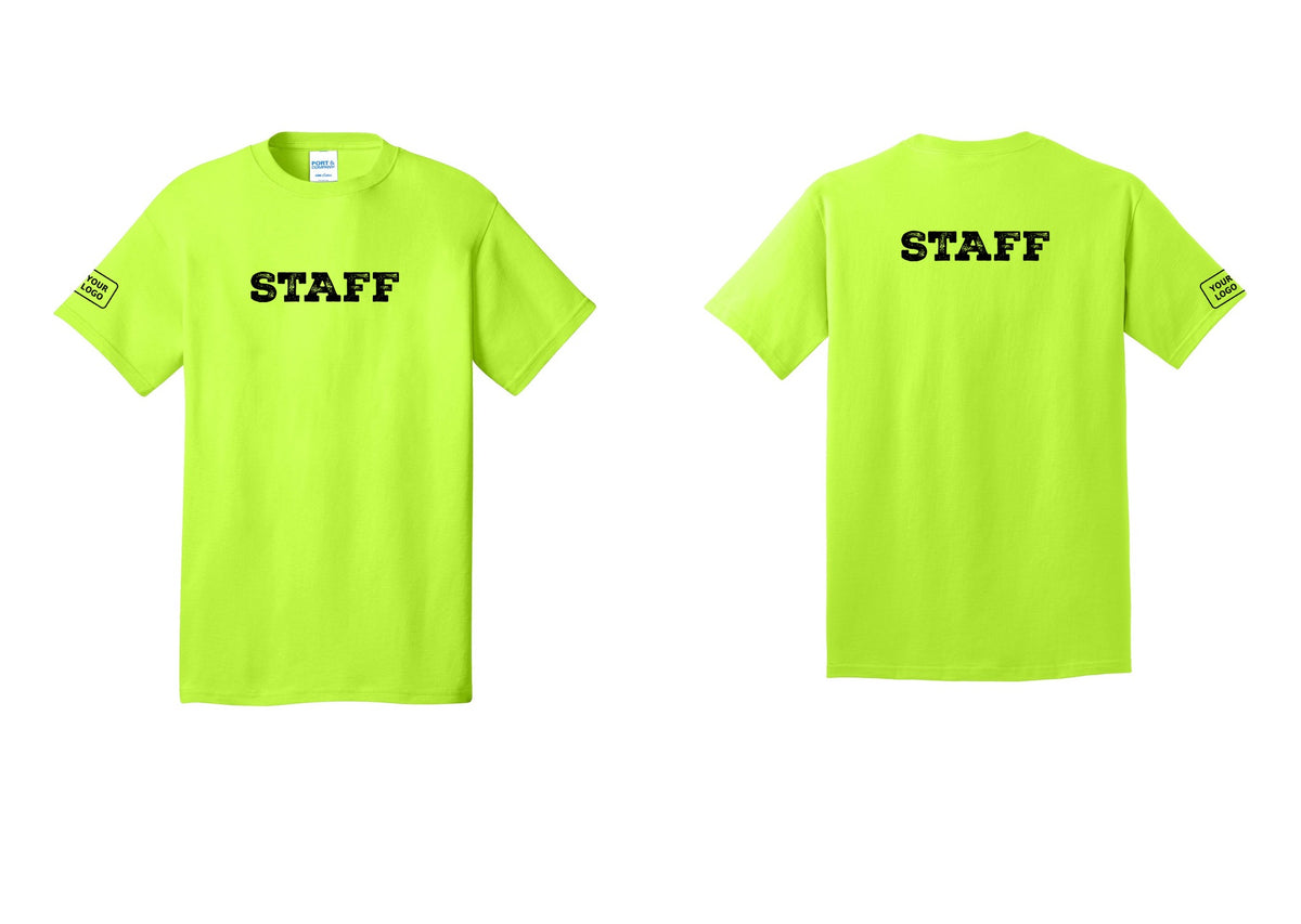 NYC Factory Custom Logo Staff T-Shirt, Rustic Lettering - Front + Back + Your Logo Sleeve - Safety Green