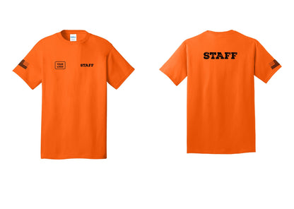 NYC Factory Custom Logo Staff T-Shirt, Rustic Lettering - STAFF + Your Logo + Back + US Flag Sleeve - Safety Orange