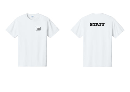 NYC Factory Custom Logo Staff T-Shirt, Rustic Lettering - Your Logo + Back - White