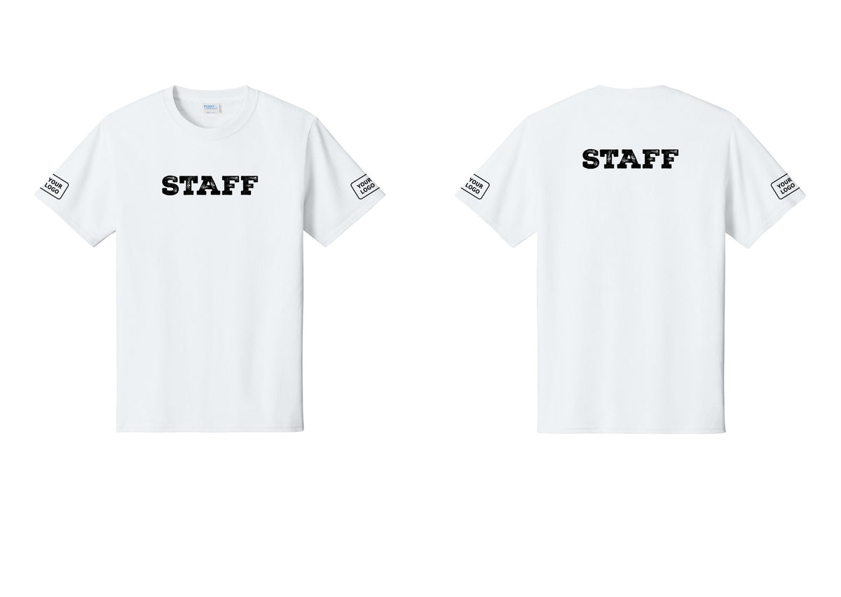 NYC Factory Custom Logo Staff T-Shirt, Rustic Lettering - Front + Back + Your Logo Sleeves - White
