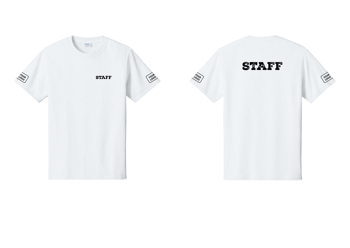 NYC Factory Custom Logo Staff T-Shirt, Rustic Lettering - Chest + Back + Your Logo Sleeves - White