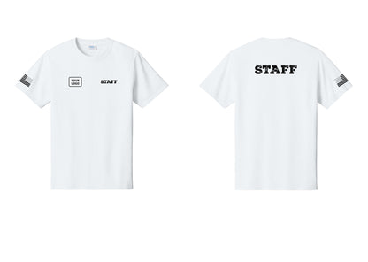 NYC Factory Custom Logo Staff T-Shirt, Rustic Lettering - STAFF + Your Logo + Back + US Flag Sleeve - White