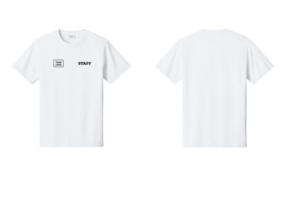 NYC Factory Custom Logo Staff T-Shirt, Rustic Lettering - STAFF + Your Logo - White