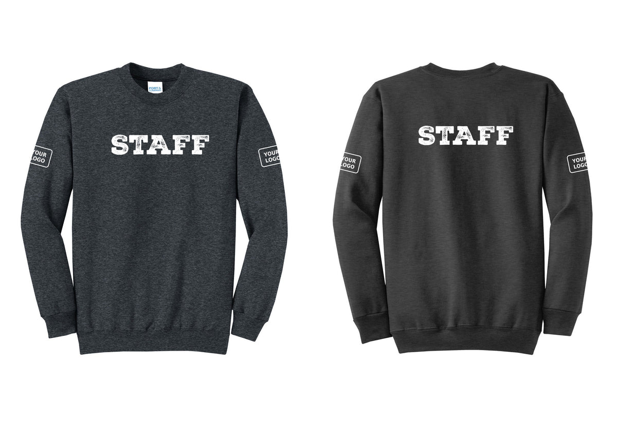 NYC Factory Custom Logo Staff Cotton Fleece Crewneck Sweatshirt (Rustic) - Front + Back + Your Logo Sleeves - Dark Heather Grey