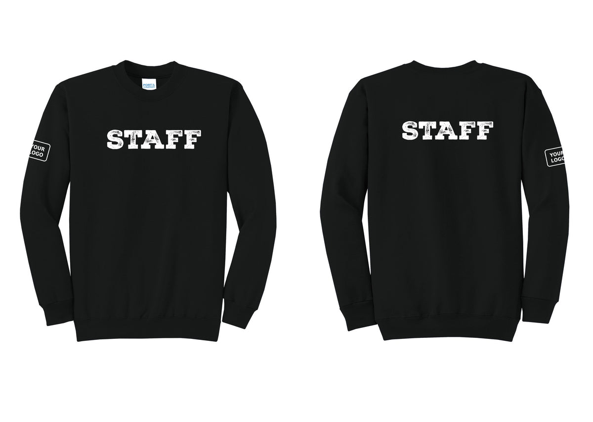 NYC Factory Custom Logo Staff Cotton Fleece Crewneck Sweatshirt (Rustic) - Front + Back + Your Logo Sleeve - Black