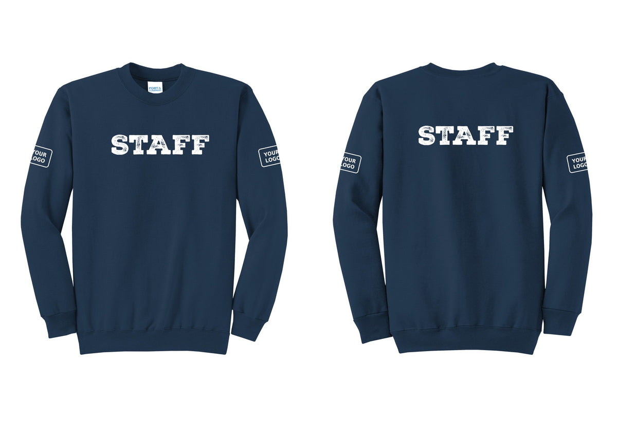 NYC Factory Custom Logo Staff Cotton Fleece Crewneck Sweatshirt (Rustic) - Front + Back + Your Logo Sleeves - Navy