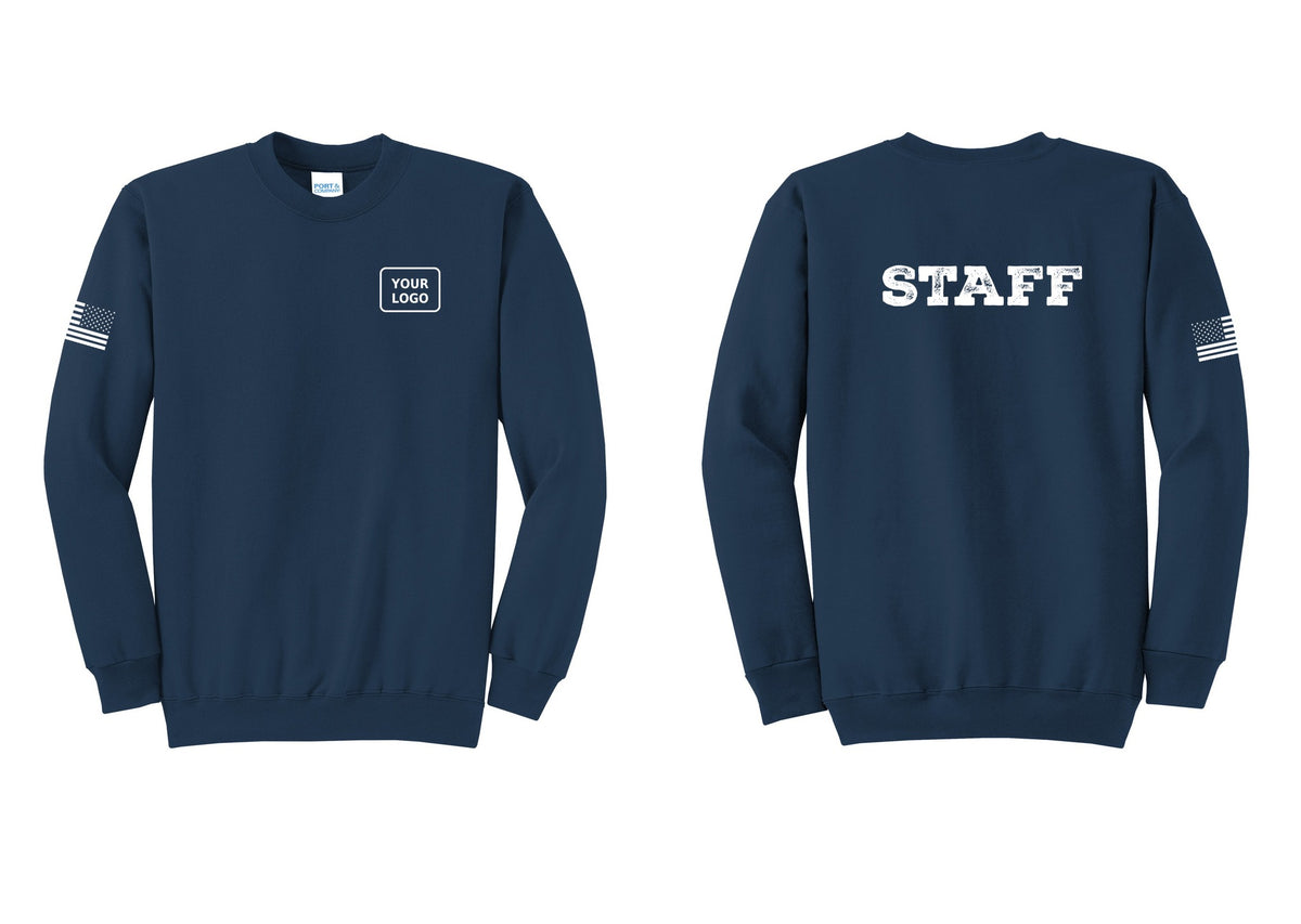 NYC Factory Custom Logo Staff Cotton Fleece Crewneck Sweatshirt (Rustic) - Your Logo + Back + US Flag Sleeve - Navy