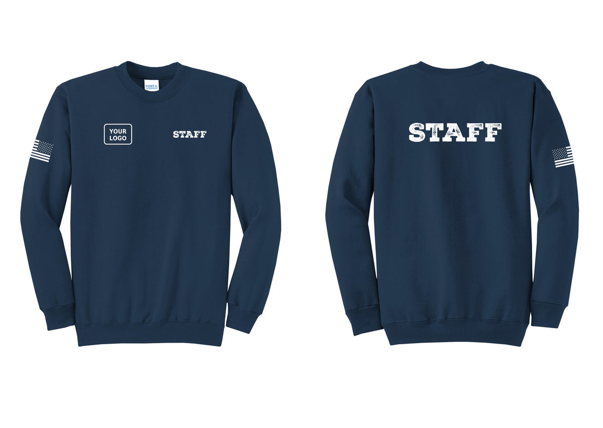 NYC Factory Custom Logo Staff Cotton Fleece Crewneck Sweatshirt (Rustic) - STAFF + Your Logo + Back + US Flag Sleeve - Navy