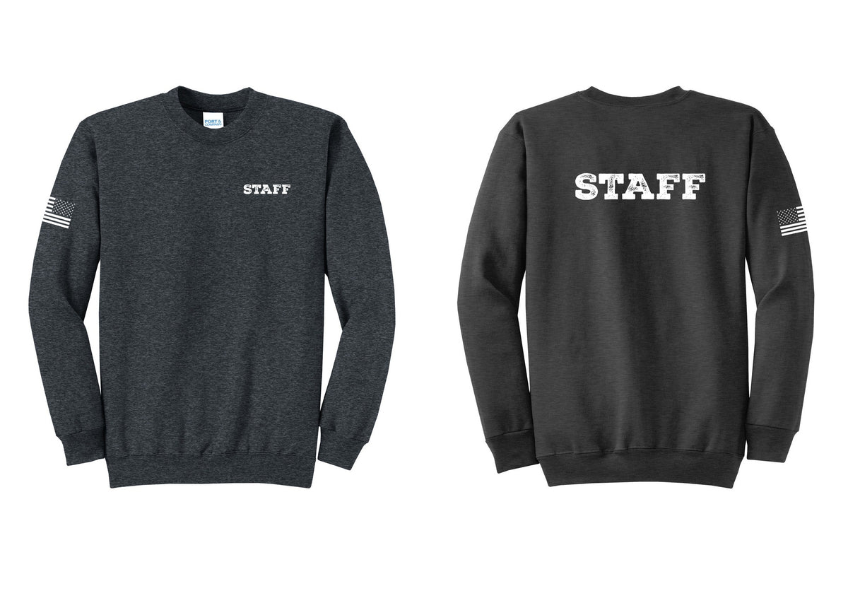 NYC Factory Staff Cotton Fleece Crewneck Sweatshirt (Rustic) - Chest + Back + US Flag Sleeve - Dark Heather Grey