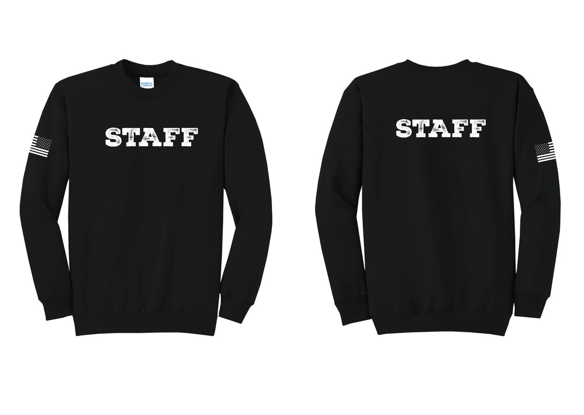 NYC Factory Staff Cotton Fleece Crewneck Sweatshirt (Rustic) - Front + Back + US Flag Sleeve - Black