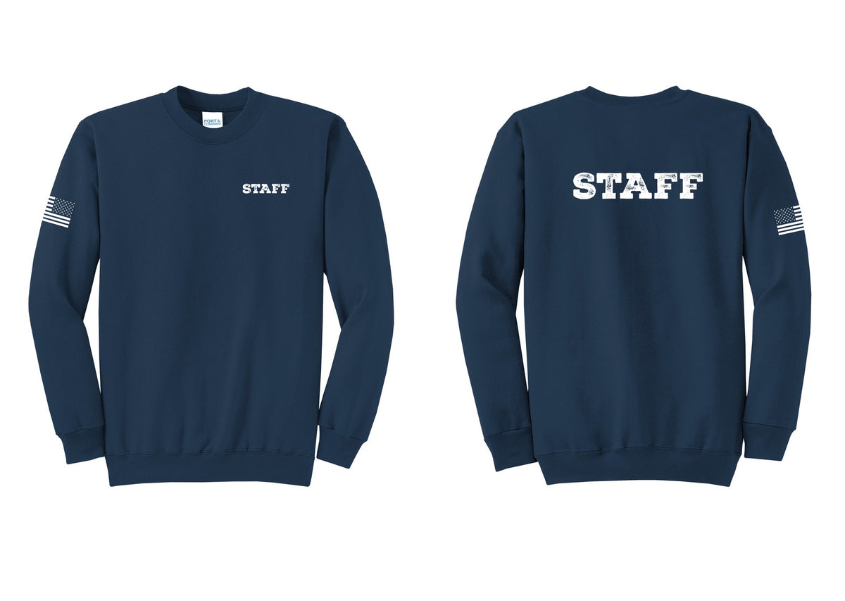 NYC Factory Staff Cotton Fleece Crewneck Sweatshirt (Rustic) - Chest + Back + US Flag Sleeve - Navy