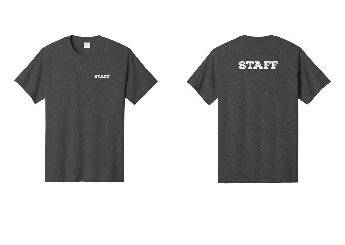 NYC Factory Staff T-Shirt, Rustic Lettering - Chest + Back - Dark Heather Grey