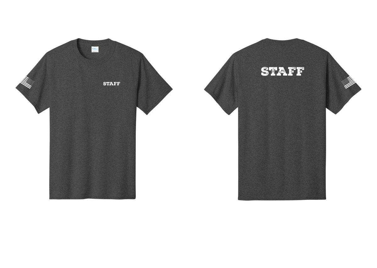 NYC Factory Staff T-Shirt, Rustic Lettering - Chest + Back + US Flag Sleeve - Dark Heather Grey