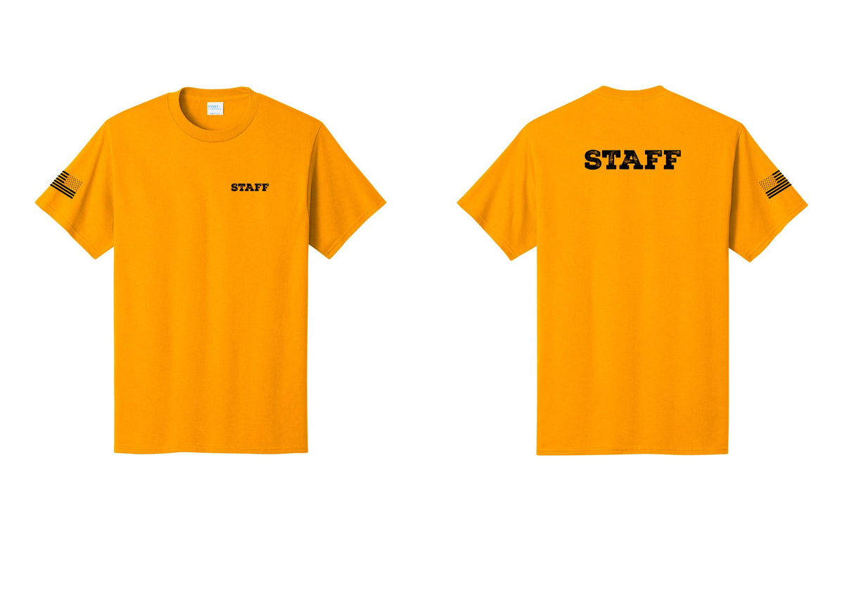 NYC Factory Staff T-Shirt, Rustic Lettering - Chest + Back + US Flag Sleeve - Gold