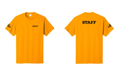 NYC Factory Staff T-Shirt, Rustic Lettering - Chest + Back + US Flag Sleeve - Gold