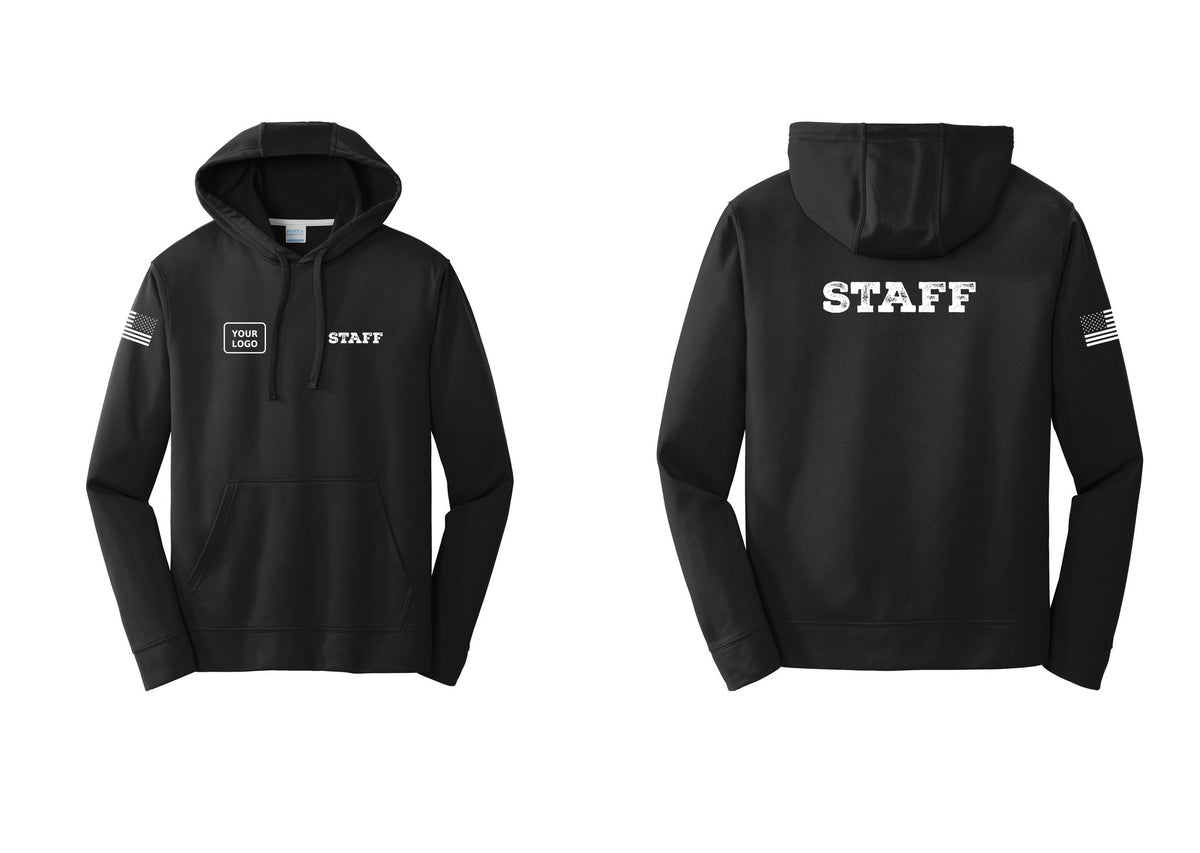NYC Factory Custom Logo Staff Performance Hooded Fleece Pullover Sweatshirt (Rustic) - STAFF + Your Logo + Back + US Flag Sleeve - Black