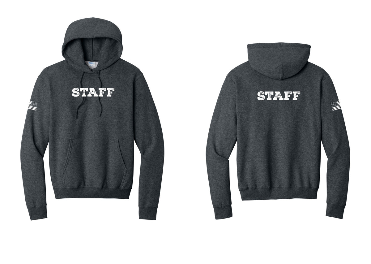 NYC Factory Staff Cotton Fleece Pullover Hoodie (Rustic) - Front + Back + US Flag Sleeve - Dark Heather Grey