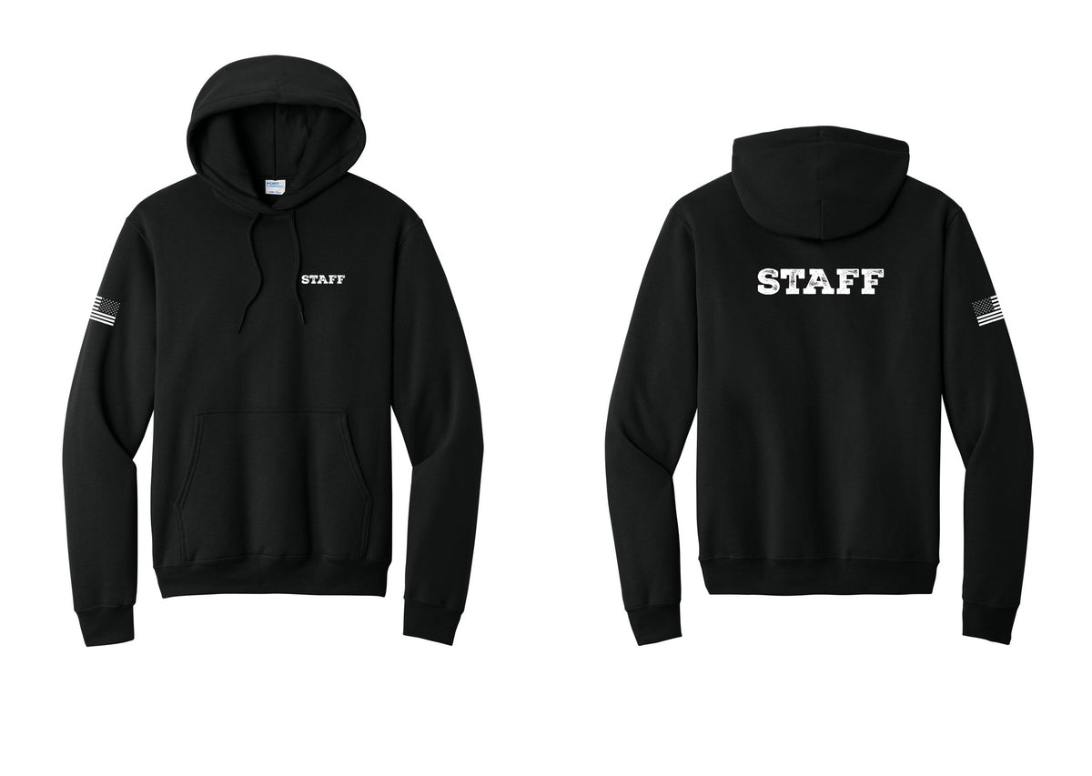 NYC Factory Staff Cotton Fleece Pullover Hoodie (Rustic) - Chest + Back + US Flag Sleeve - Black
