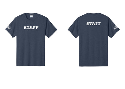 NYC Factory Staff T-Shirt, Rustic Lettering - Front + Back + US Flag Sleeve - Heather Navy