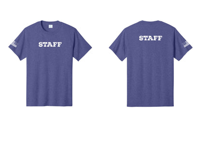 NYC Factory Staff T-Shirt, Rustic Lettering - Front + Back + US Flag Sleeve - Heather Purple