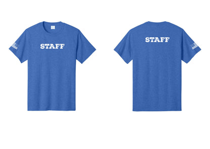 NYC Factory Staff T-Shirt, Rustic Lettering - Front + Back + US Flag Sleeve - Heather Royal