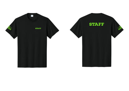 NYC Factory Staff T-Shirt, Rustic Lettering - Chest + Back + US Flag Sleeve - Black / Neon