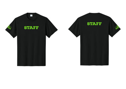 NYC Factory Staff T-Shirt, Rustic Lettering - Front + Back + US Flag Sleeve - Black / Neon