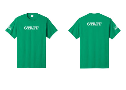 NYC Factory Staff T-Shirt, Rustic Lettering - Front + Back + US Flag Sleeve - Kelly