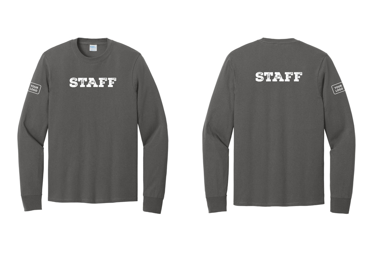 NYC Factory Custom Logo Staff Cotton Long Sleeve T-Shirt (Rustic) - Front + Back + Your Logo Sleeve - Charcoal