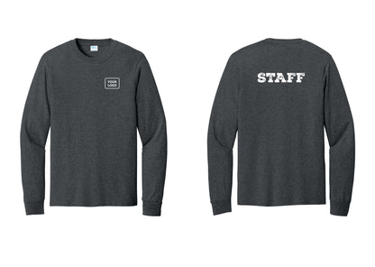 NYC Factory Custom Logo Staff Cotton Long Sleeve T-Shirt (Rustic) - Your Logo + Back - Dark Heather Grey