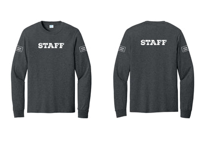 NYC Factory Custom Logo Staff Cotton Long Sleeve T-Shirt (Rustic) - Front + Back + Your Logo Sleeves - Dark Heather Grey