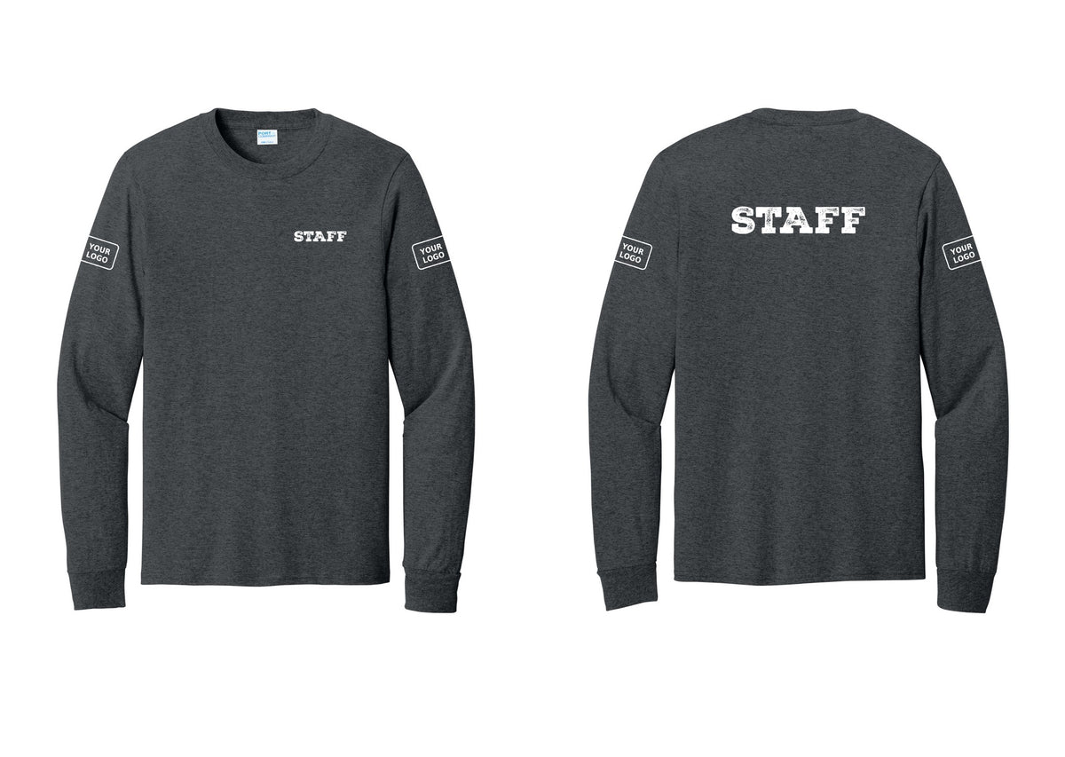 NYC Factory Custom Logo Staff Cotton Long Sleeve T-Shirt (Rustic) - Chest + Back + Your Logo Sleeves - Dark Heather Grey