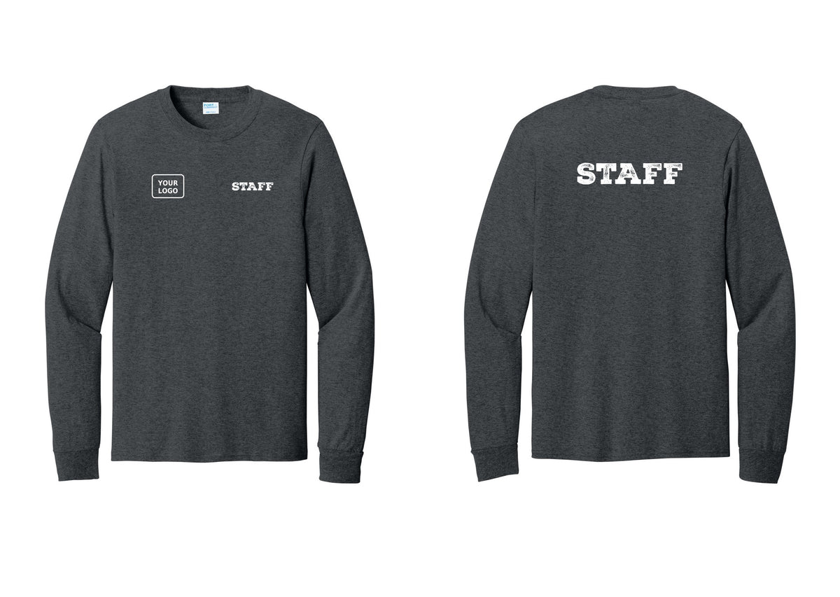 NYC Factory Custom Logo Staff Cotton Long Sleeve T-Shirt (Rustic) - STAFF + Your Logo + Back - Dark Heather Grey