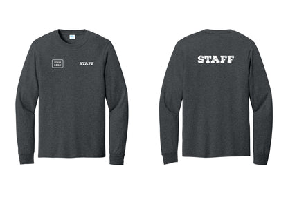 NYC Factory Custom Logo Staff Cotton Long Sleeve T-Shirt (Rustic) - STAFF + Your Logo + Back - Dark Heather Grey