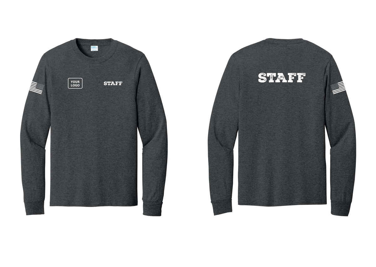 NYC Factory Custom Logo Staff Cotton Long Sleeve T-Shirt (Rustic) - STAFF + Your Logo + Back + US Flag Sleeve - Dark Heather Grey