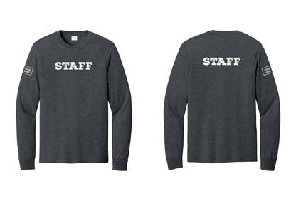 NYC Factory Custom Logo Staff Cotton Long Sleeve T-Shirt (Rustic) - Front + Back + Your Logo Sleeve - Dark Heather Grey