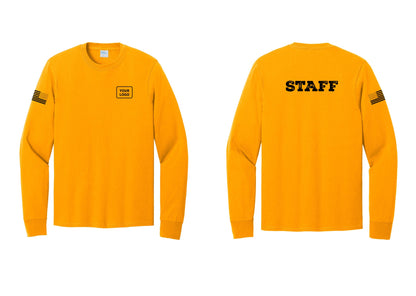 NYC Factory Custom Logo Staff Cotton Long Sleeve T-Shirt (Rustic) - Your Logo + Back + US Flag Sleeve - Gold