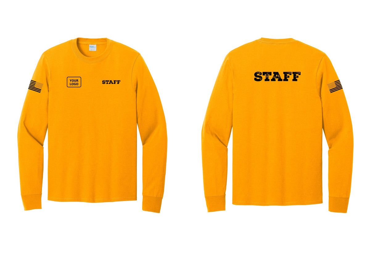 NYC Factory Custom Logo Staff Cotton Long Sleeve T-Shirt (Rustic) - STAFF + Your Logo + Back + US Flag Sleeve - Gold