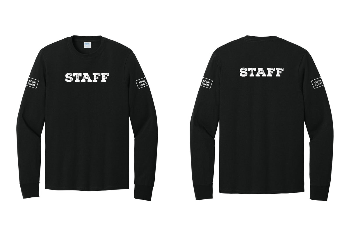 NYC Factory Custom Logo Staff Cotton Long Sleeve T-Shirt (Rustic) - Front + Back + Your Logo Sleeves - Black
