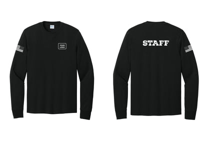 NYC Factory Custom Logo Staff Cotton Long Sleeve T-Shirt (Rustic) - Your Logo + Back + US Flag Sleeve - Black